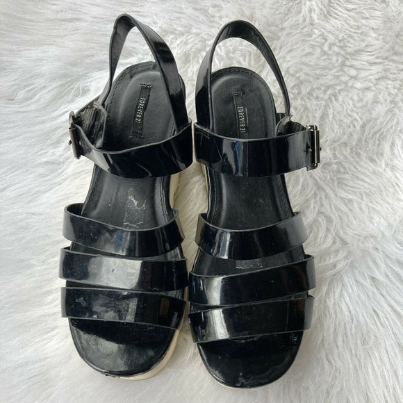 Forever 21 Shoes Sz 7.5 Black Platform Sandals Strappy Minimalist Y2K Festival - Picture 3 of 10